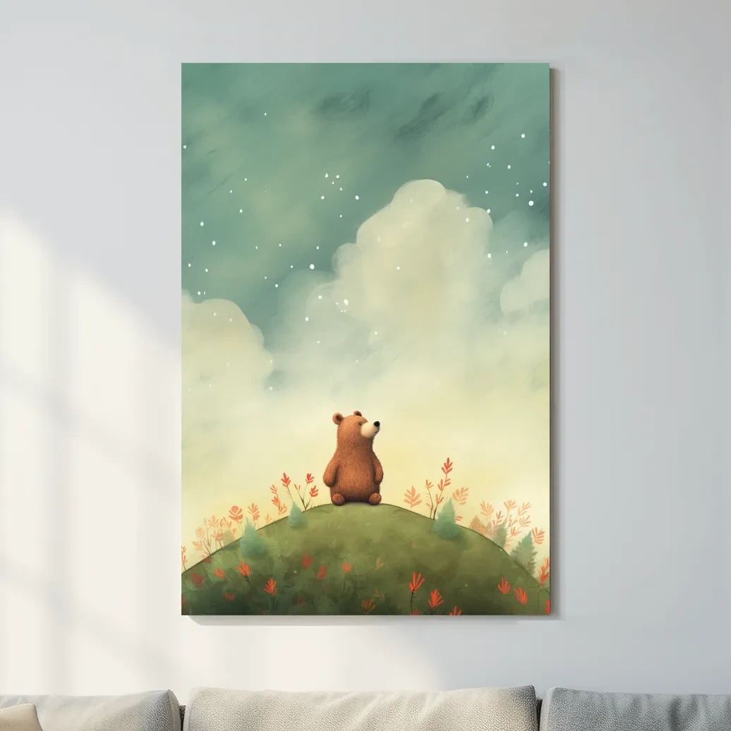 Whimsical Bear Cub Under Starry Sky - Nursery Watercolor Illustration Wall Art