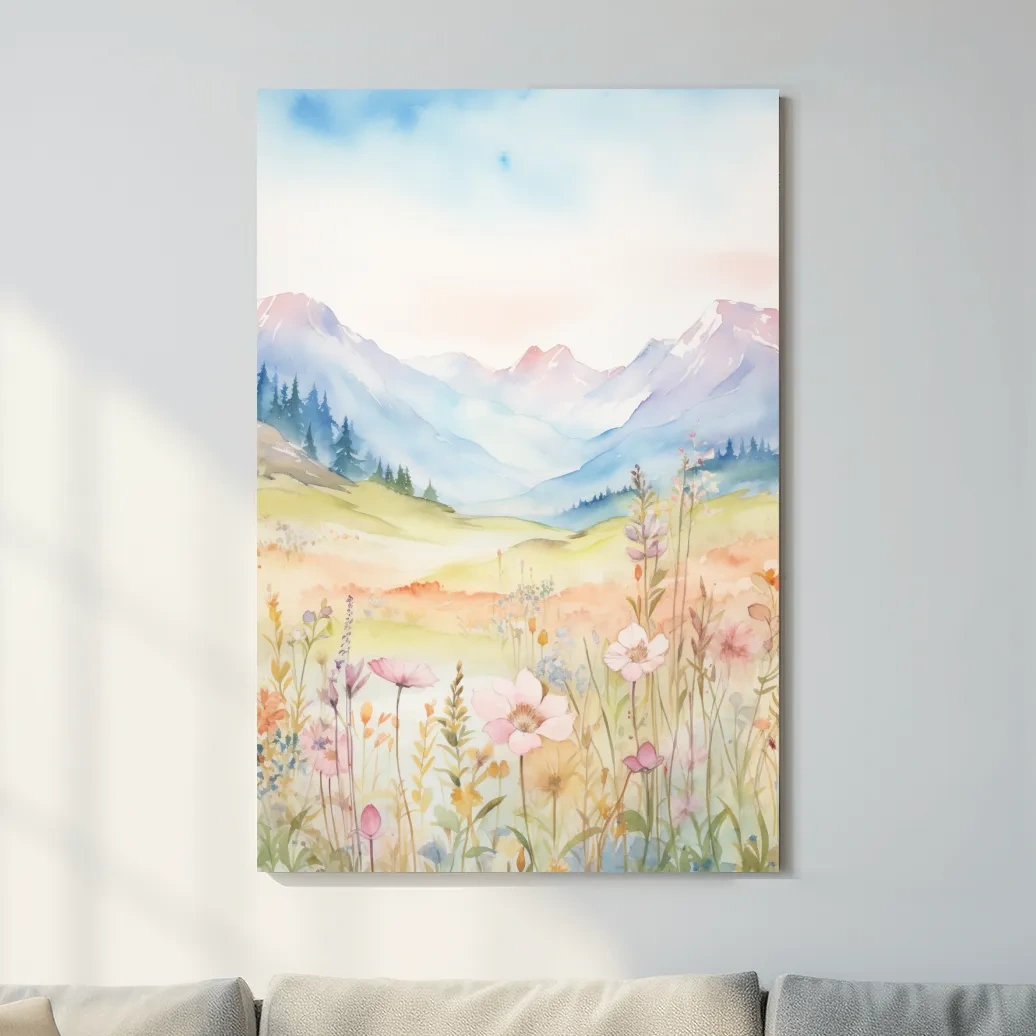 Pastel Watercolor Wildflower Meadow Mountains - Serene Floral Alpine Wall Art
