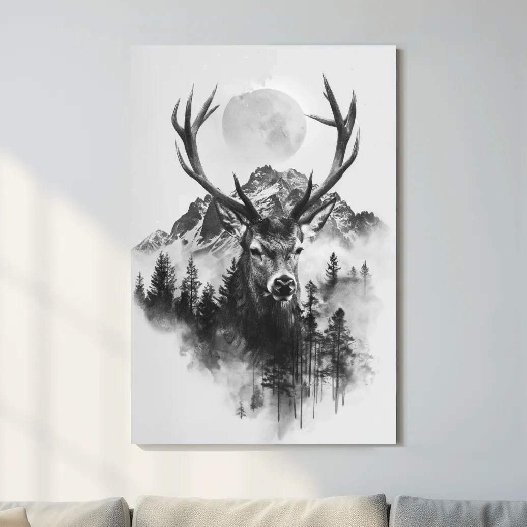 Monochrome Stag Glacier Moon Drawing - Double Exposure Wildlife Wall Art