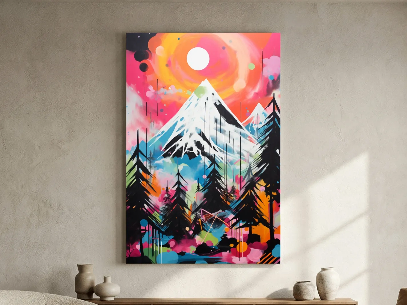 Vibrant Abstract Neon Mountain Glacier Sunset Painting - Colorful Alpine Wall Art