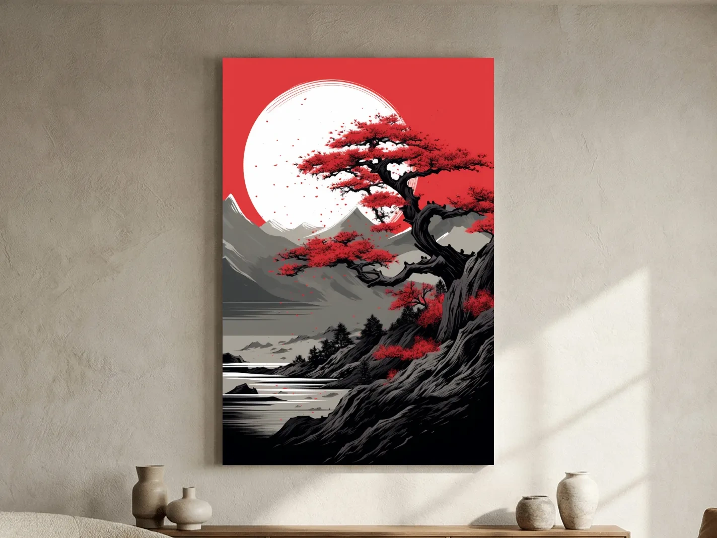 Japanese Ink Landscape With Bonsai Tree - Zen Mountain Wall Art