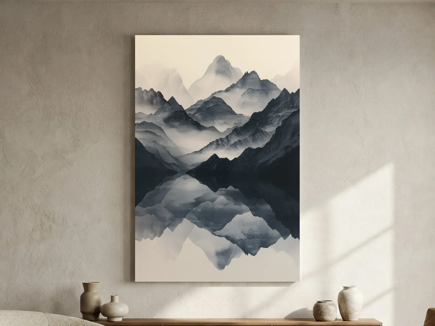Monochrome Misty Mountain Reflection Landscape - Minimalist Japandi Wall Art