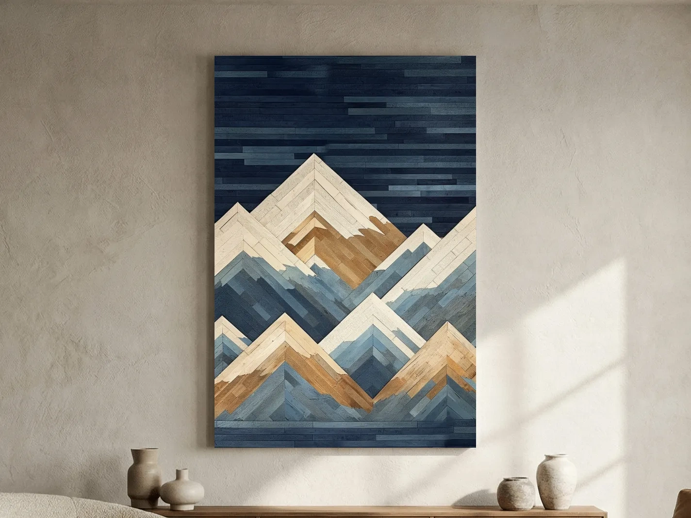 Geometric Layered Mountain Peaks - Wood Texture Landscape Wall Art