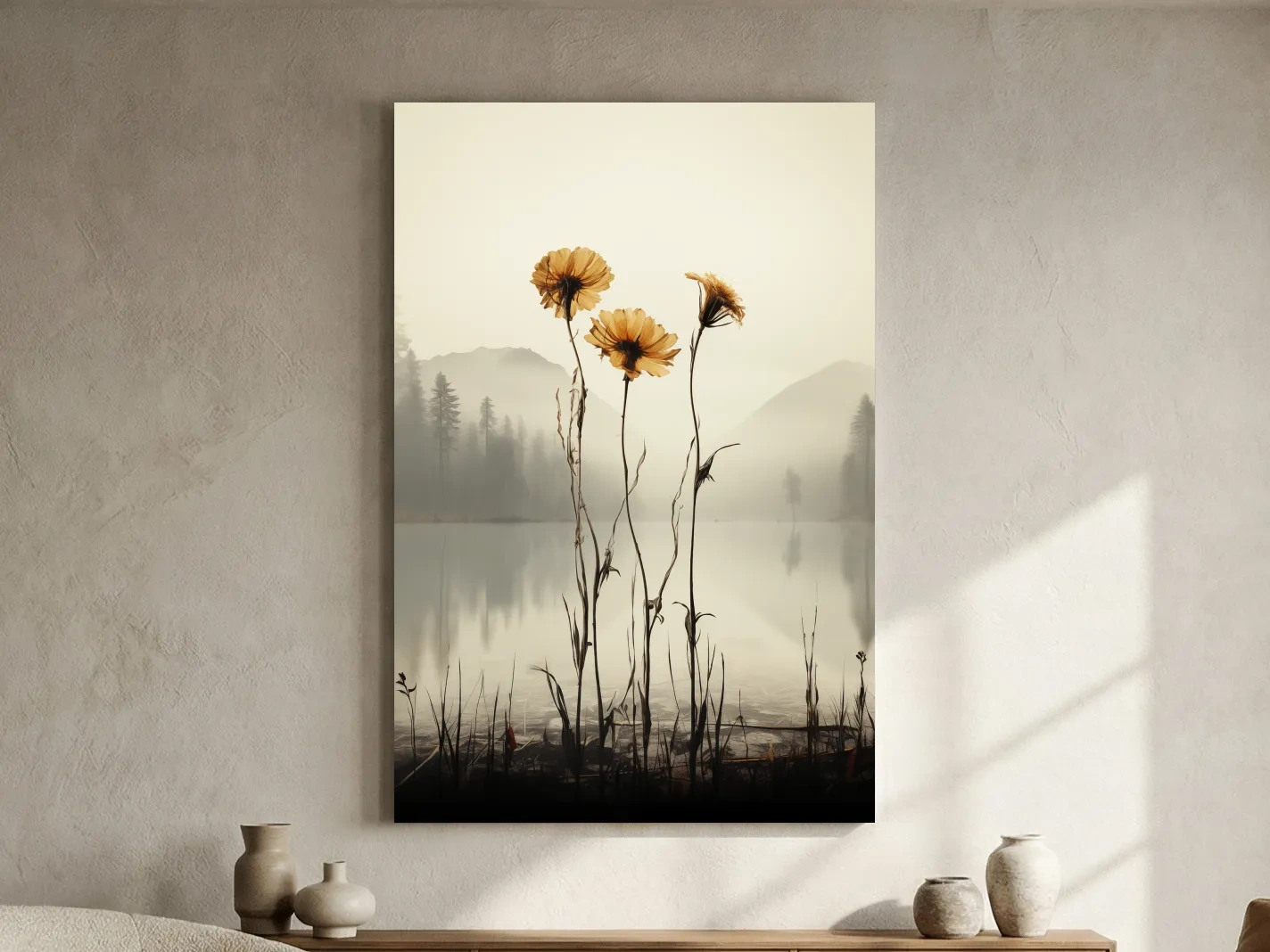 Wildflower Misty Lake Landscape - Minimalist Botanical Wall Art