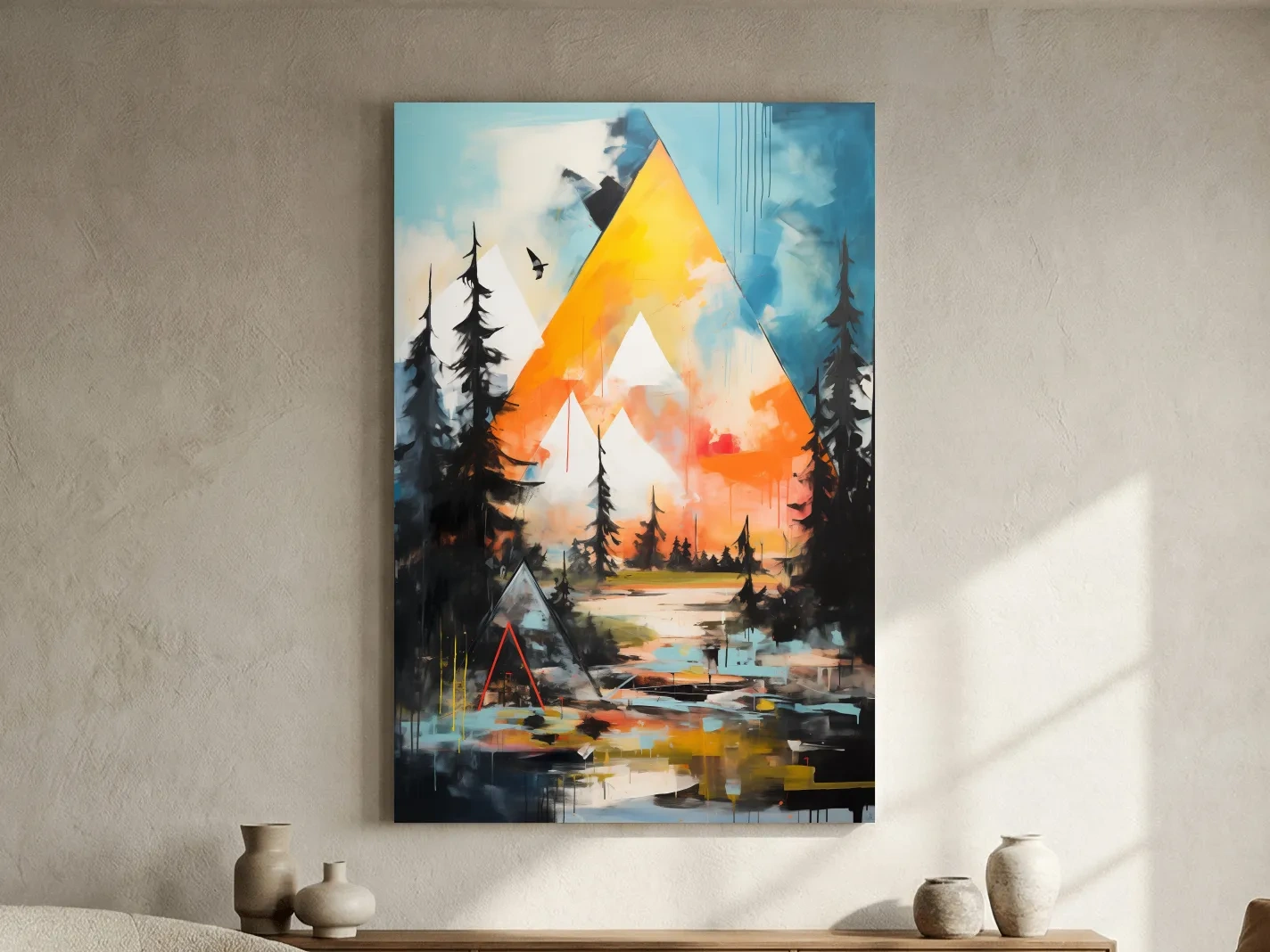 Vibrant Abstract Mountain Painting - Modern Geometric Alpine Forest Wall Art