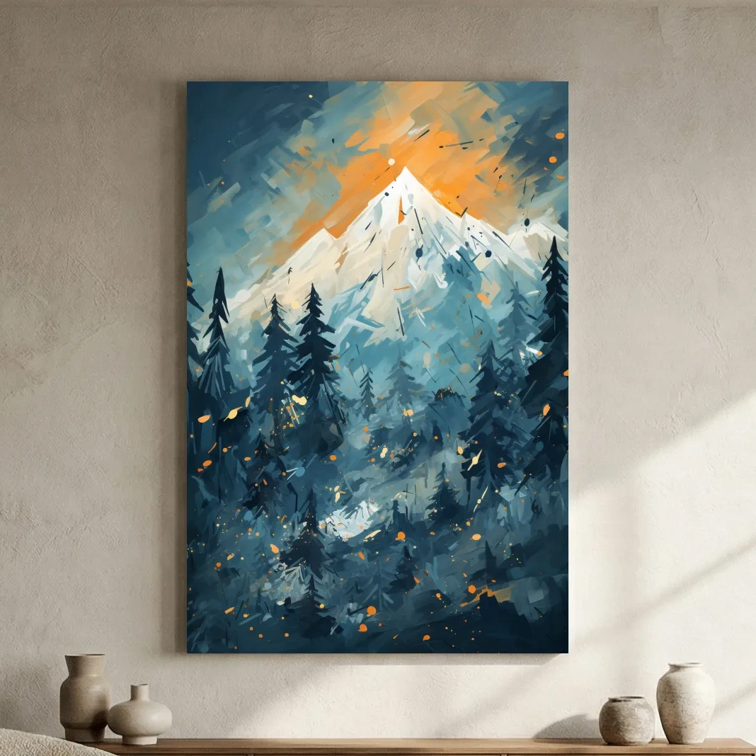 Abstract Snowy Mountain Peak Sunset - Moody Pine Forest Painting Wall Art