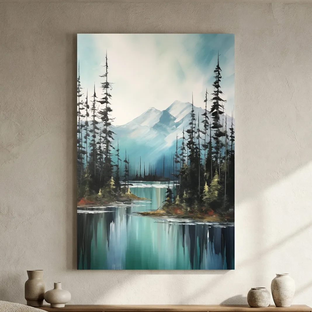 Alpine Turquoise Lake Watercolor Landscape - Serene Pine Forest Nature Wall Art