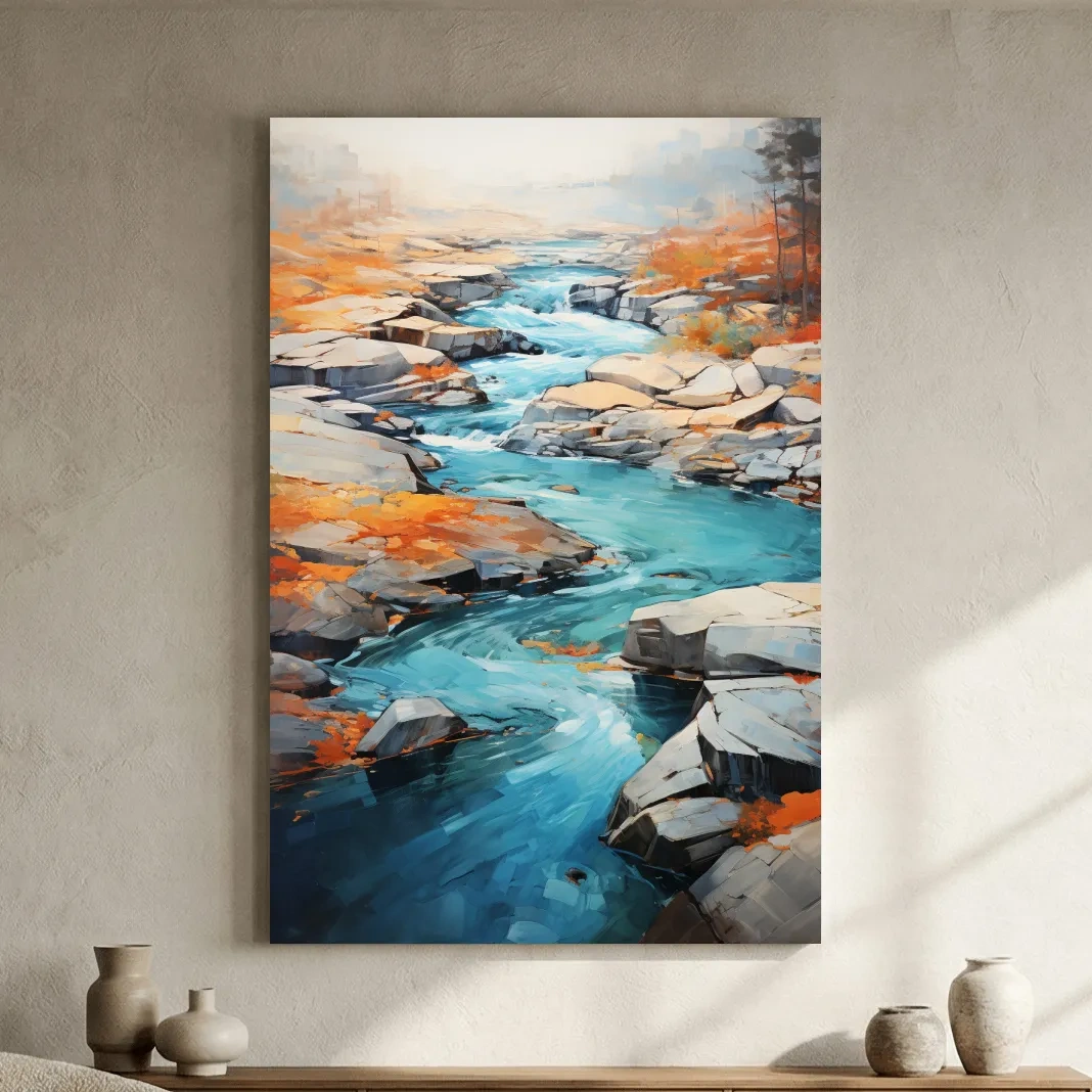 Vibrant Turquoise River Through Rocky Canyon - Modern Impressionist Landscape Wall Art