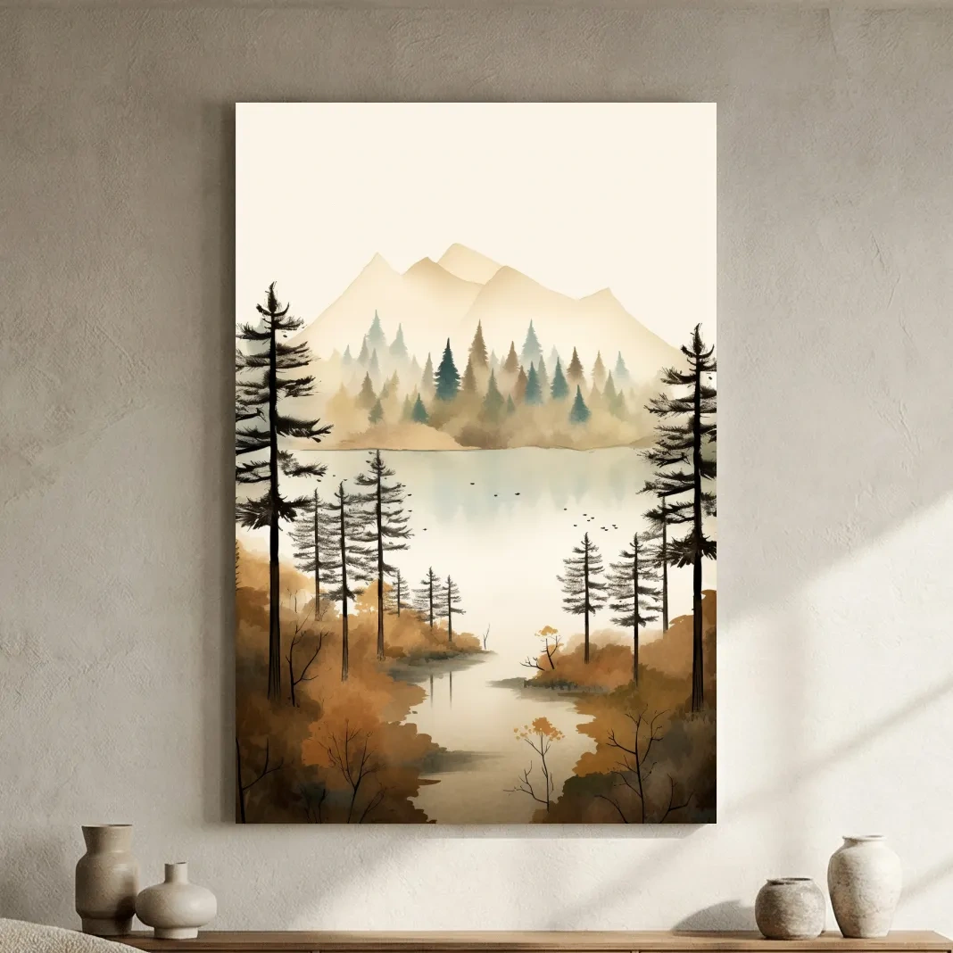 Misty Watercolor Mountain Lake Forest - Serene Alpine Wall Art