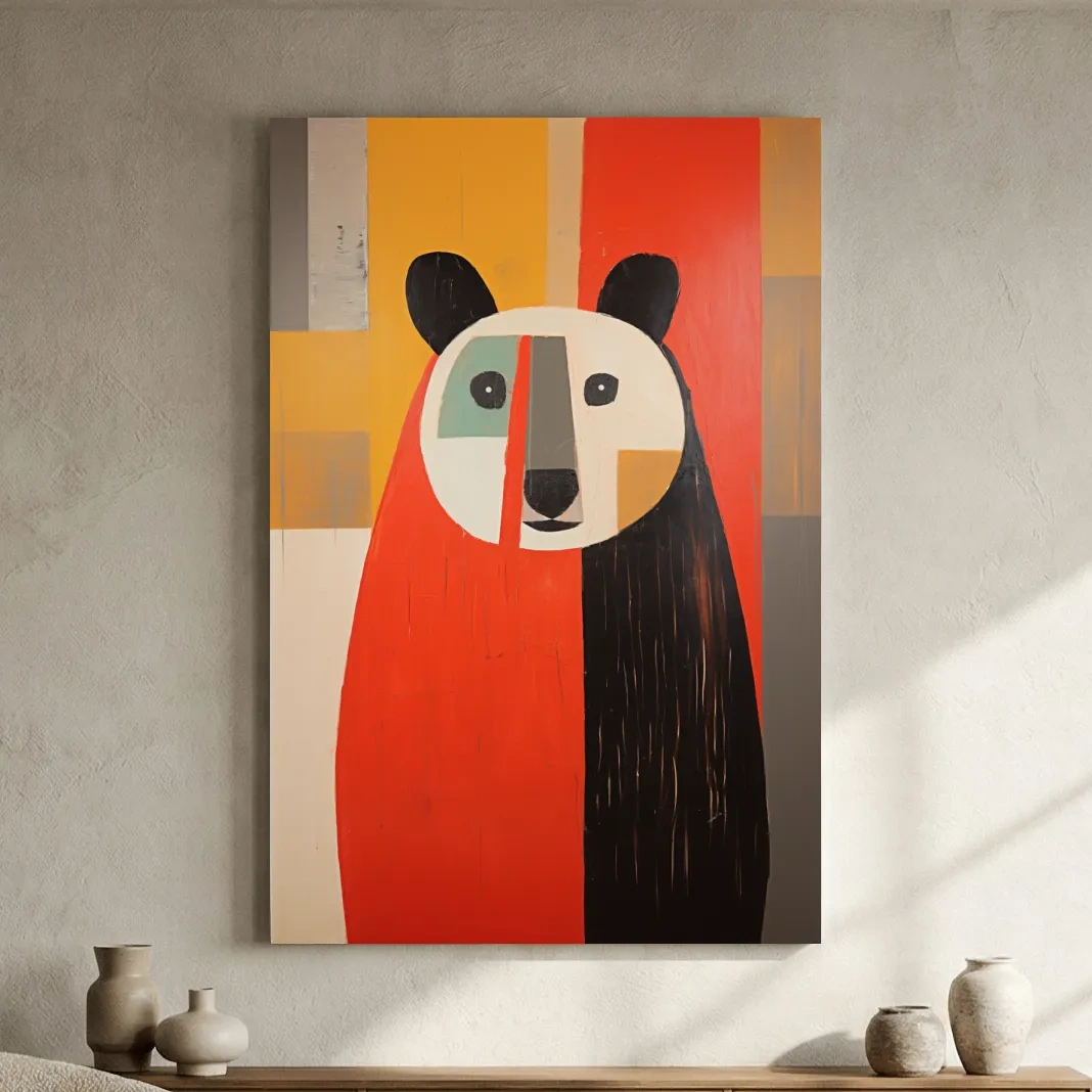 Bold Geometric Bear Portrait Painting - Quirky Abstract Animal Wall Art