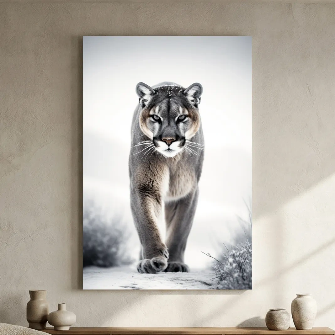 Snowy Cougar Close Up Wildlife Portrait - Winter Nature Wall Art