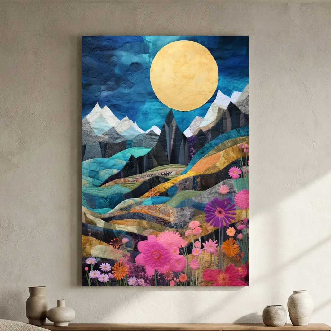 Quilted Wildflower Mountain Landscape - Colorful Patchwork Textile Style Wall Art