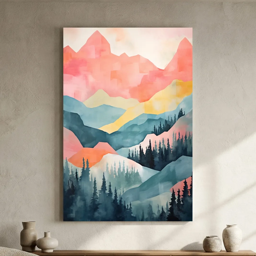 Abstract Watercolor Mountain Sunrise Landscape - Pastel Alpine Forest Wall Art
