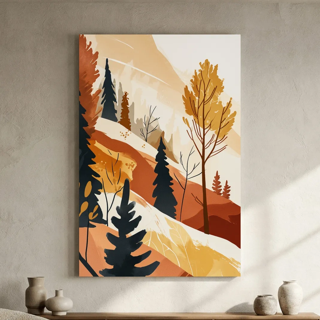 Minimalist Autumn Mountain Forest Landscape - Warm Scandinavian Wall Art