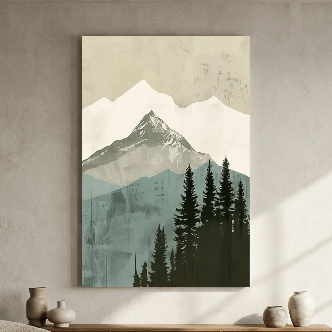 Scandinavian Mountain Peak And Pine Forest Artwork - Minimalist Landscape Wall Art