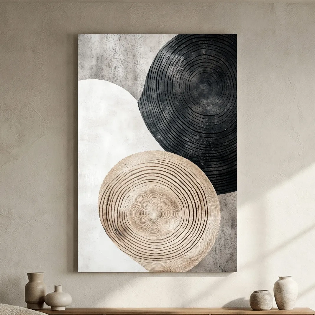 Minimalist Black Beige Wood Grain Circles - Modern Rustic Wall Art