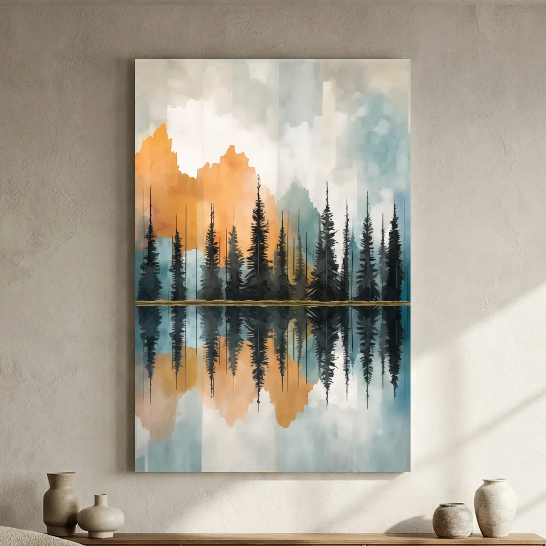 Abstract Watercolor Mountain Lake Reflection - Alpine Forest Landscape Artwork