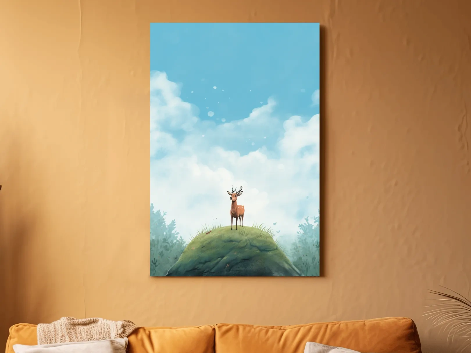 Whimsical Watercolor Deer on Grassy Hill - Serene Woodland Nursery Wall Art