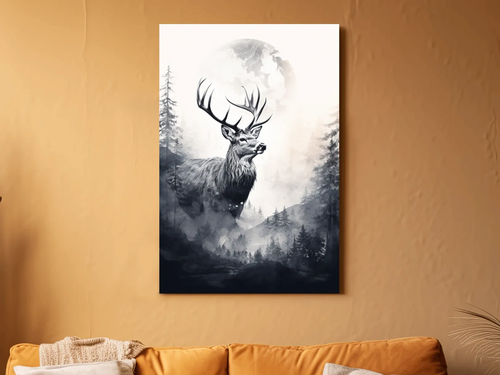 Majestic Stag In Misty Moonlit Forest - Double Exposure Wildlife Wall Art