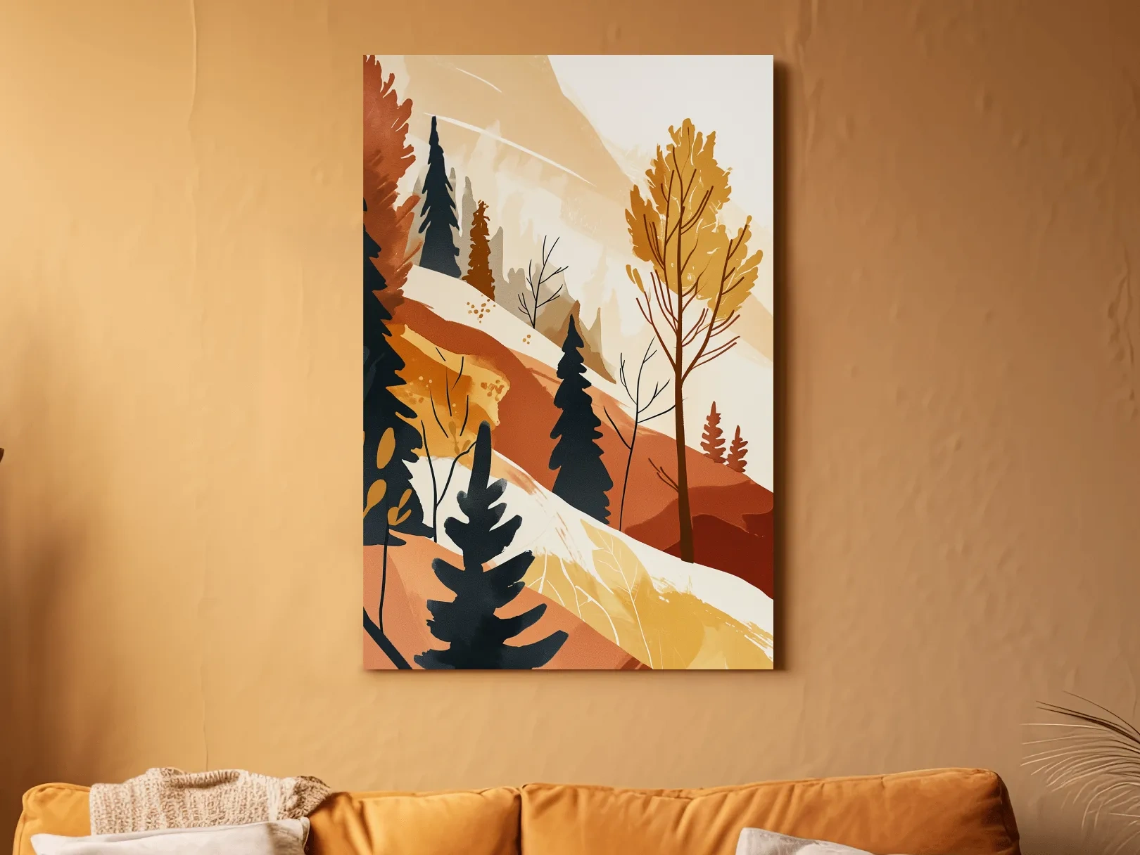 Minimalist Autumn Mountain Forest Landscape - Warm Scandinavian Wall Art
