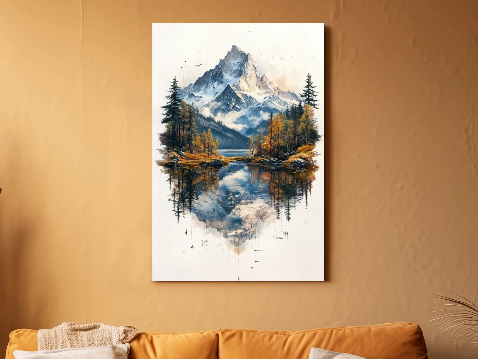 Misty Alpine Mountain Lake Painting - Autumn Pine Forest Tattoo Style Wall Art