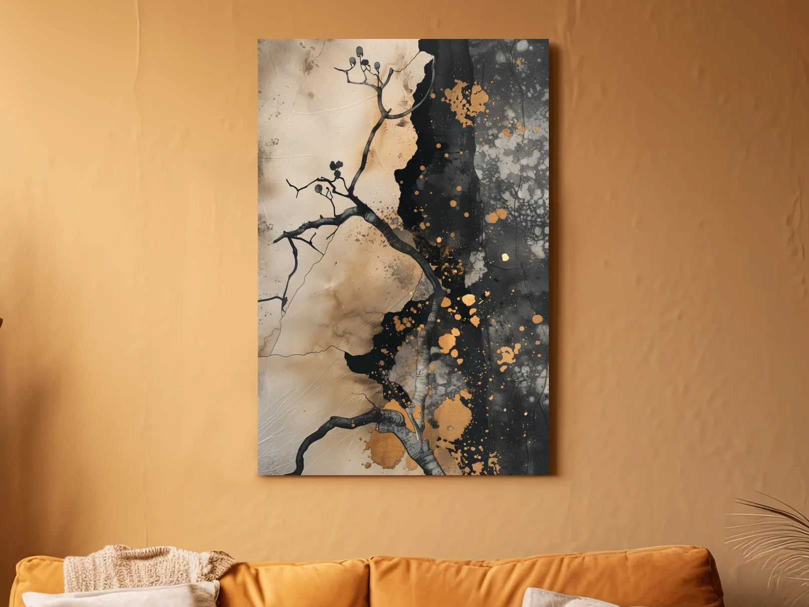 Ink Branch Silhouette With Gold Splatter - Modern Japandi Abstract Wall Art