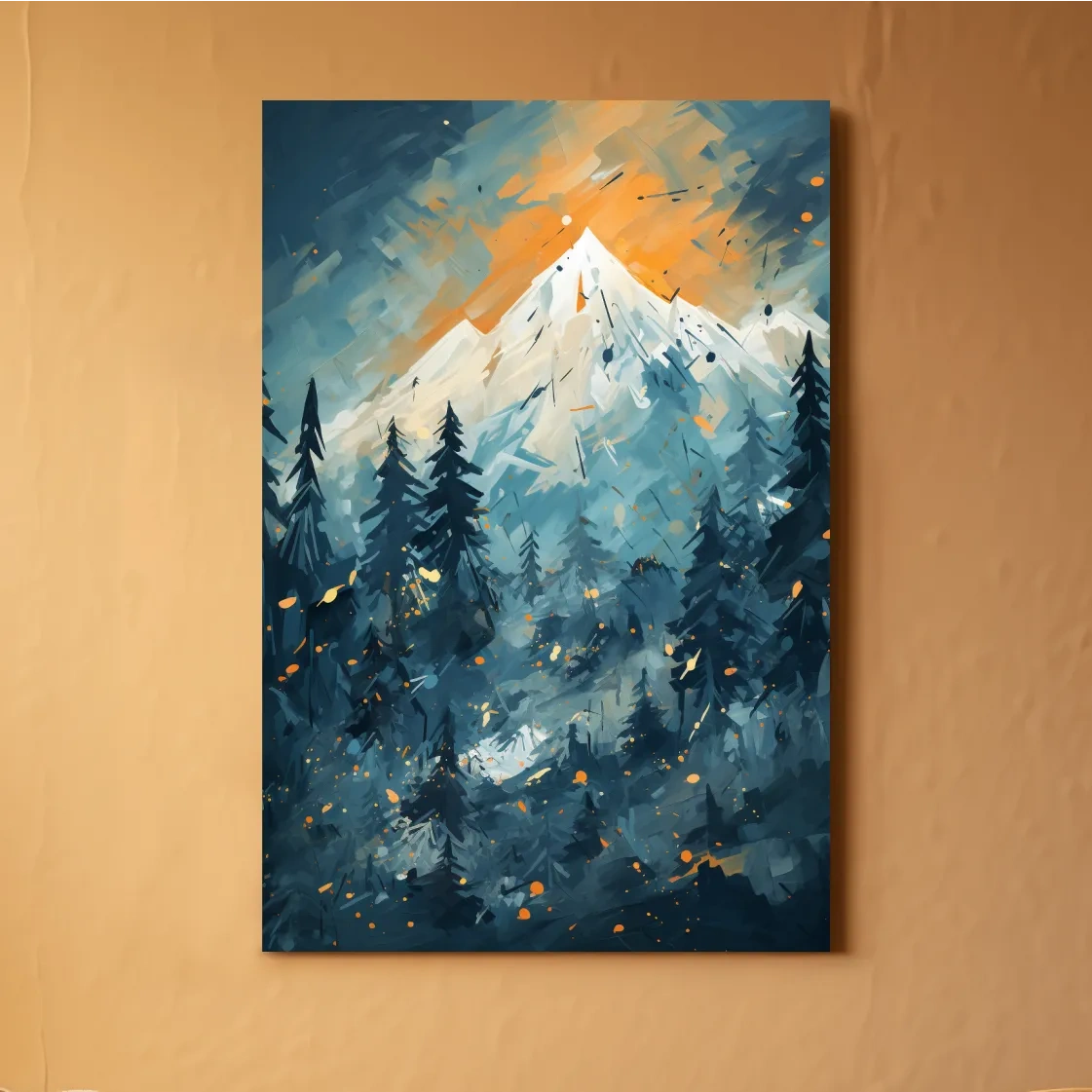 Abstract Snowy Mountain Peak Sunset - Moody Pine Forest Painting Wall Art