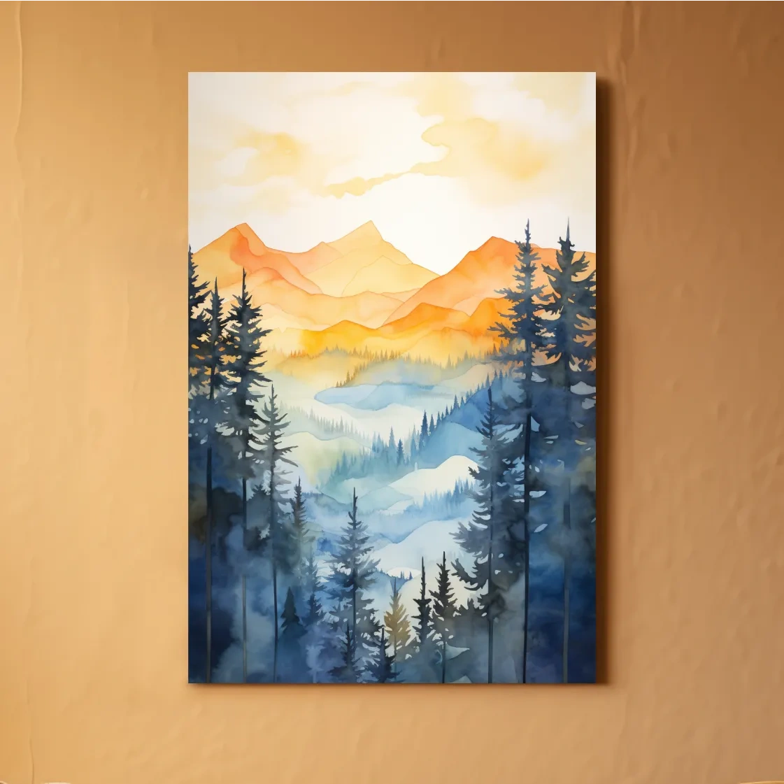 Golden Watercolor Mountain Sunrise Painting - Misty Alpine Forest Artwork