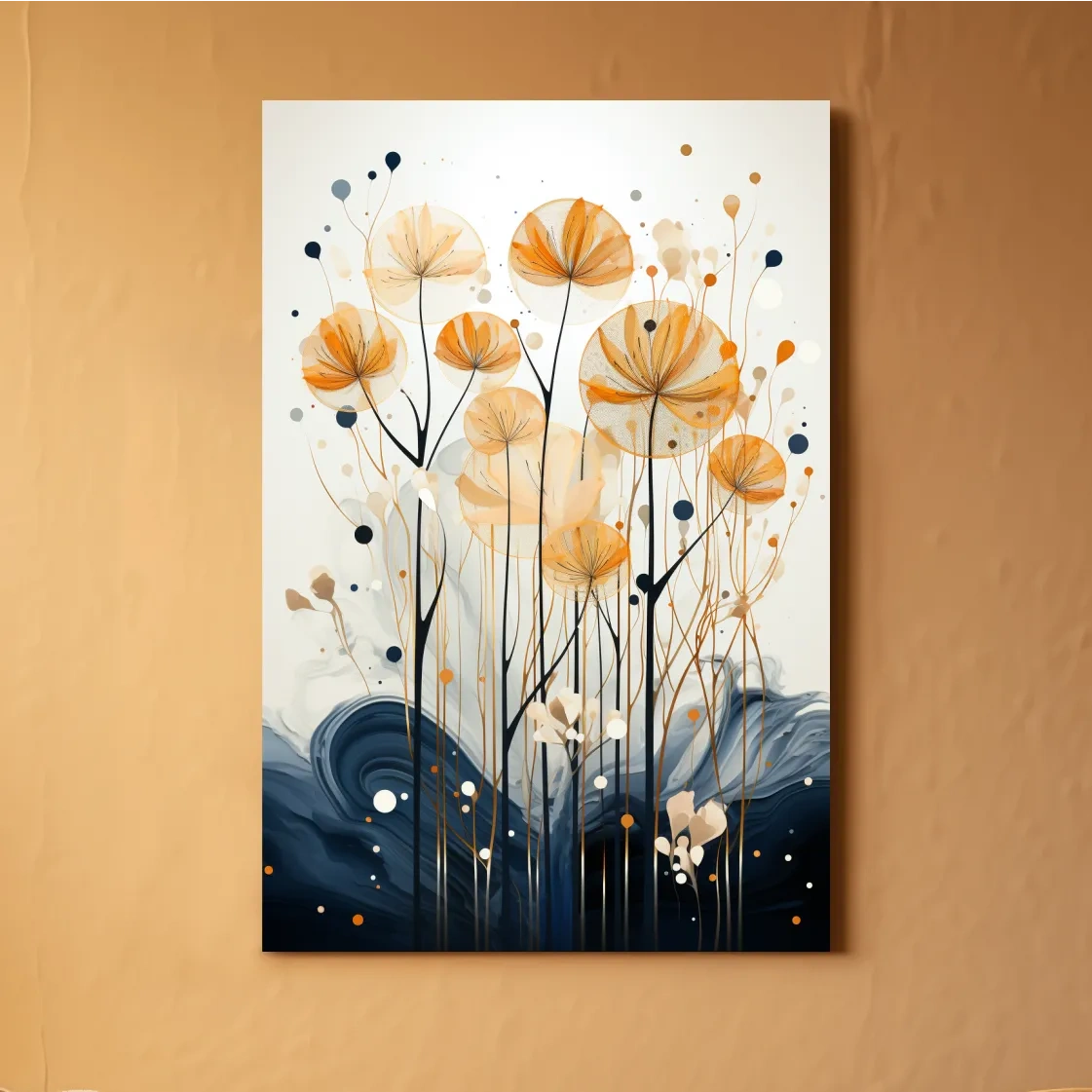 Abstract Golden Wildflower Ink Wash - Botanical Boho Wall Art