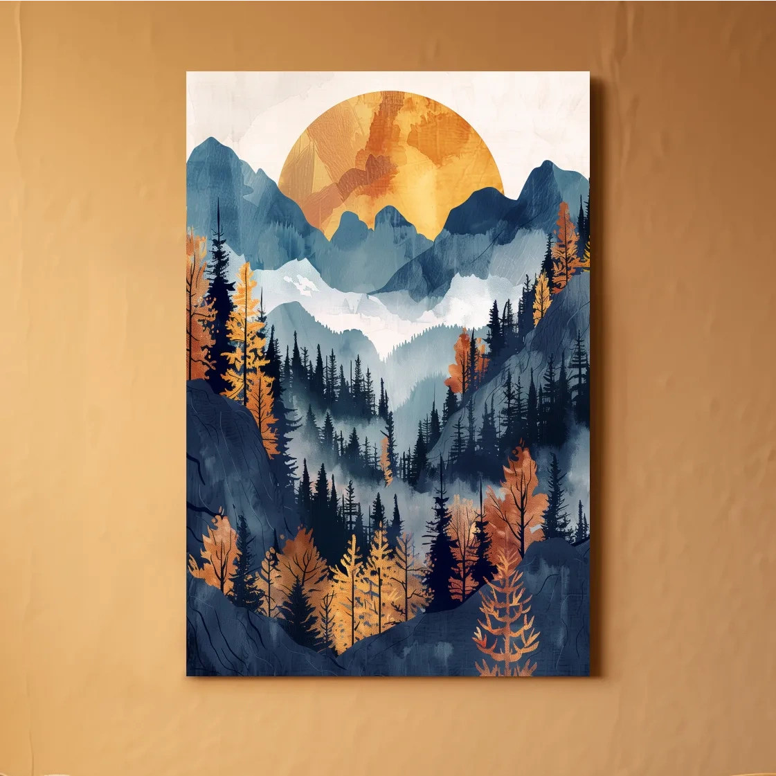Foggy Autumn Alpine Forest Sunset - Modern Watercolor Mountain Wall Art