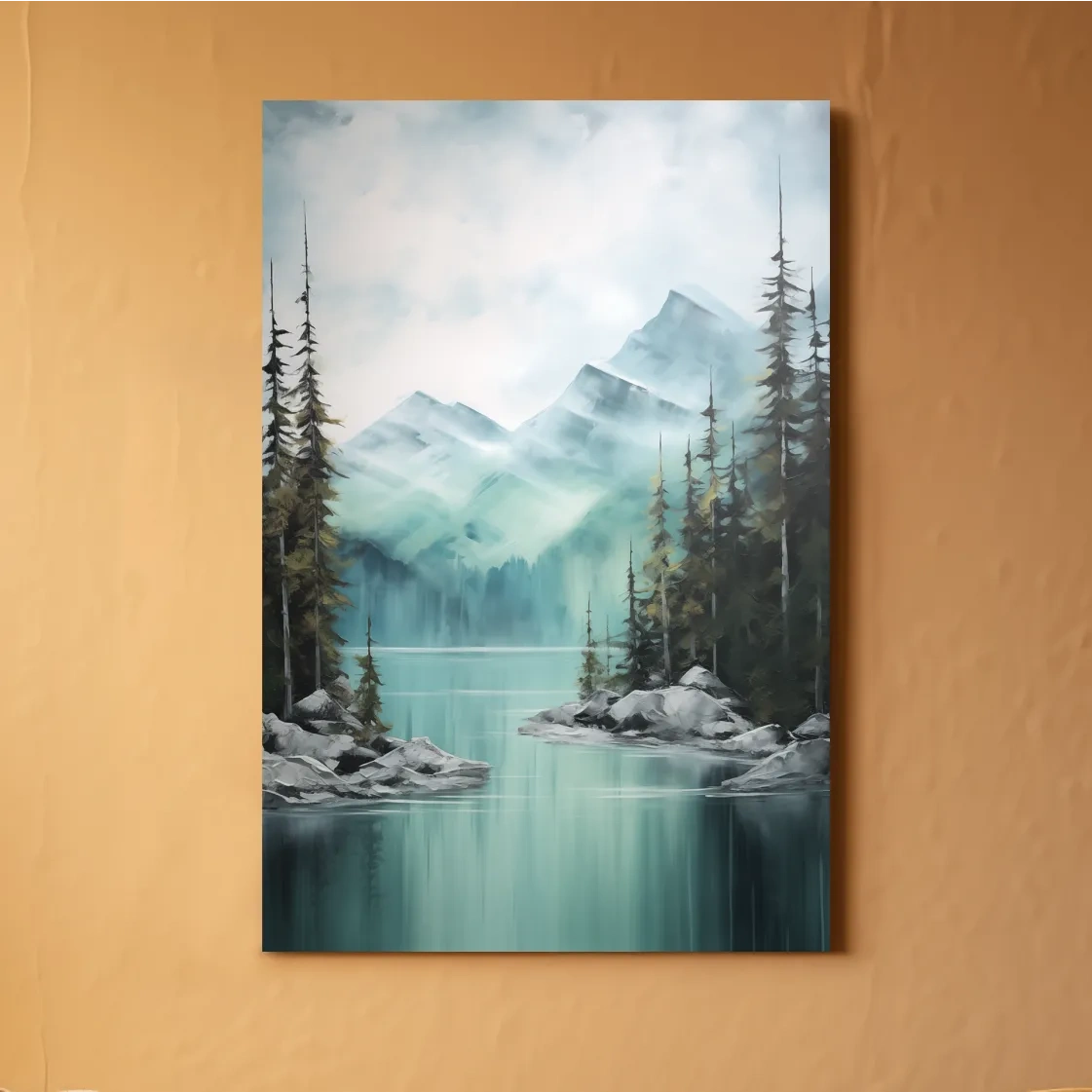 Misty Turquoise Mountain Lake Landscape - PNW Watercolor Forest Wall Art