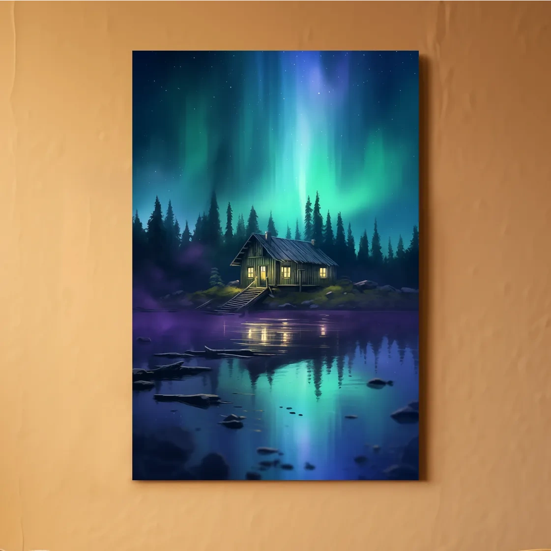 Vibrant Northern Lights Cabin Lake Painting - Aurora Borealis Night Wall Art