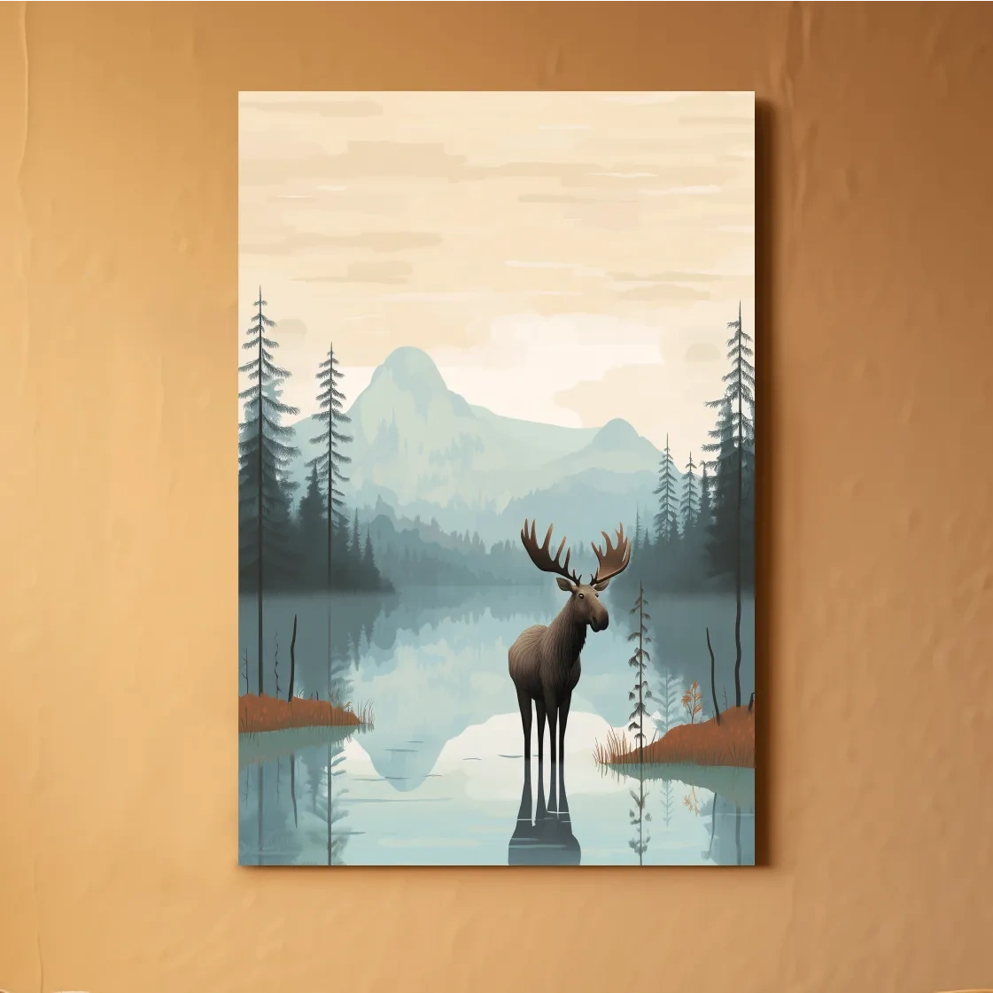 Moose Mountain Lake Illustration - Nursery Forest Mountain Wall Art