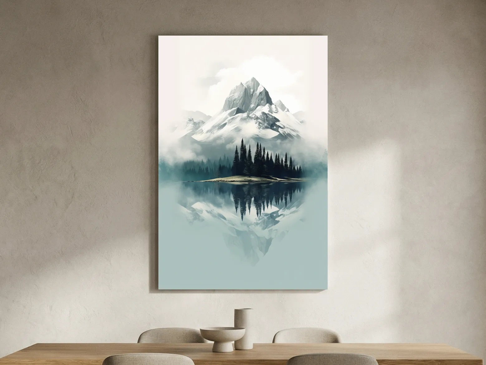 Misty Alpine Mountain Lake Reflection - Minimalist Watercolor Landscape Wall Art