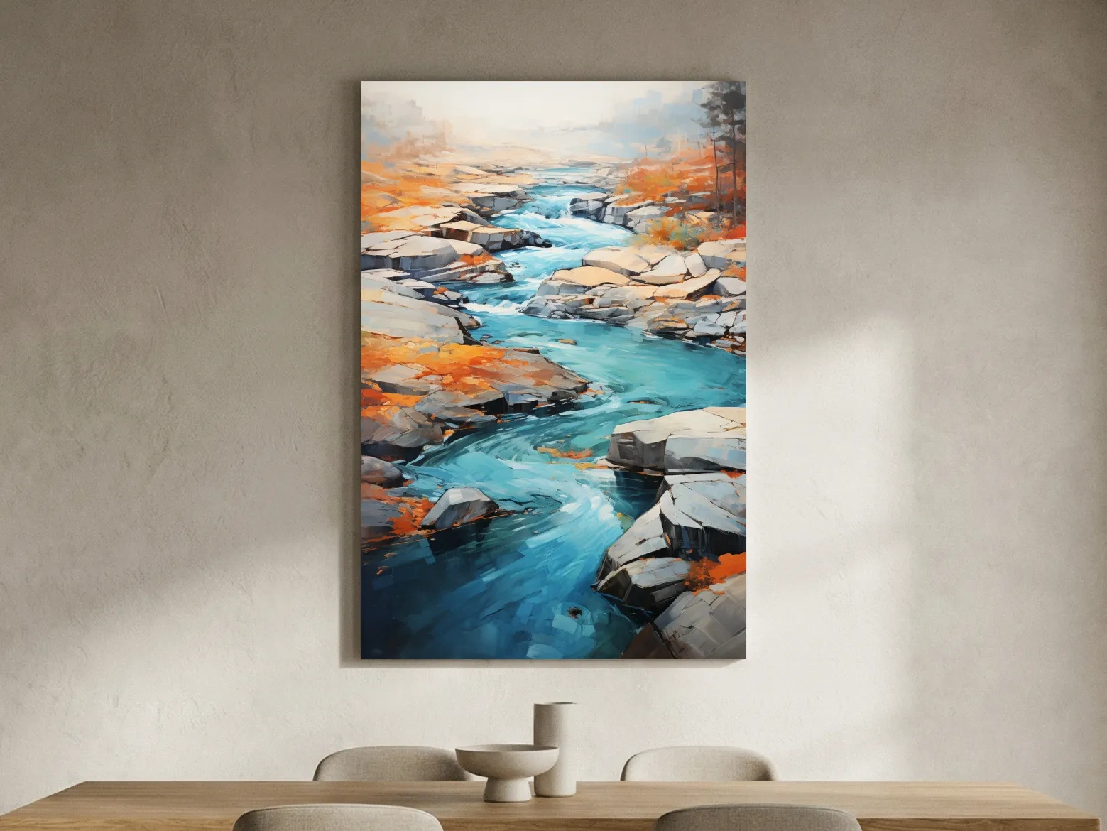 Vibrant Turquoise River Through Rocky Canyon - Modern Impressionist Landscape Wall Art