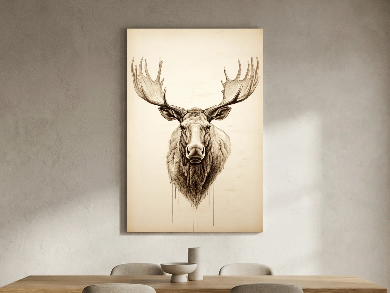 Rustic Moose Head Sketch Illustration - Vintage Sepia Wildlife Wall Art
