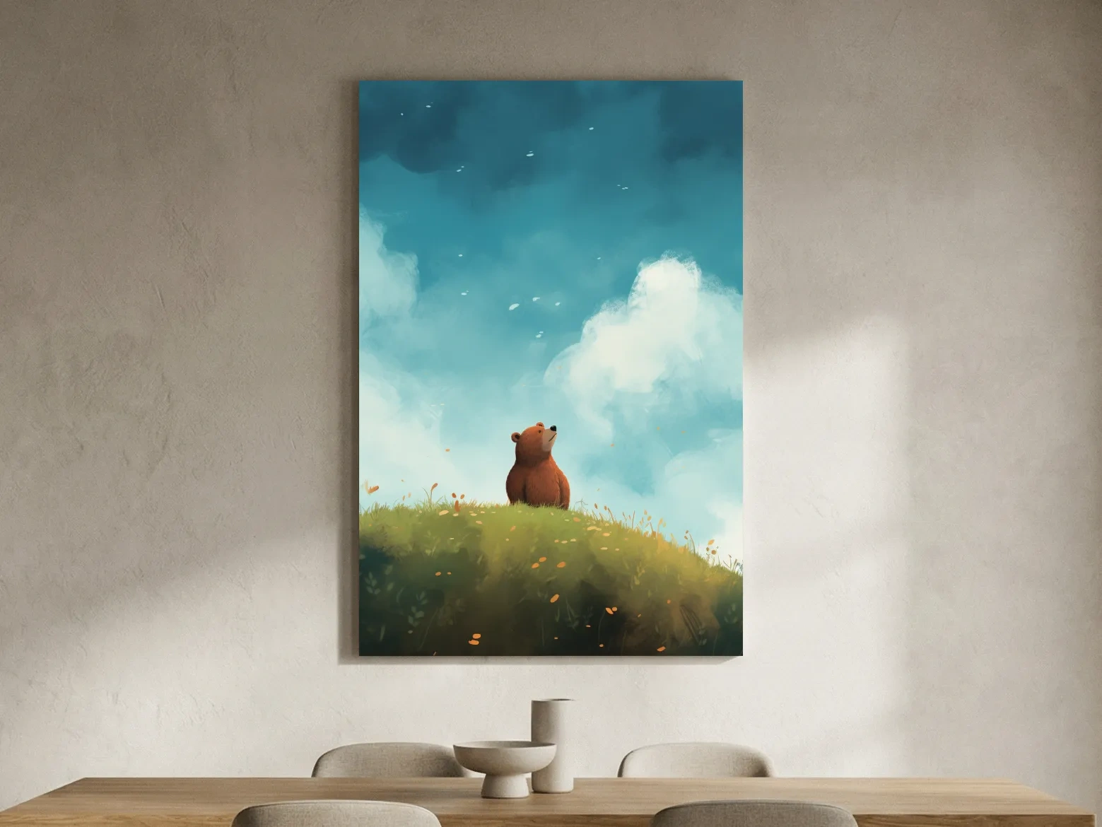 Whimsical Bear Cub Meadow Illustration - Cute Woodland Nursery Wall Art