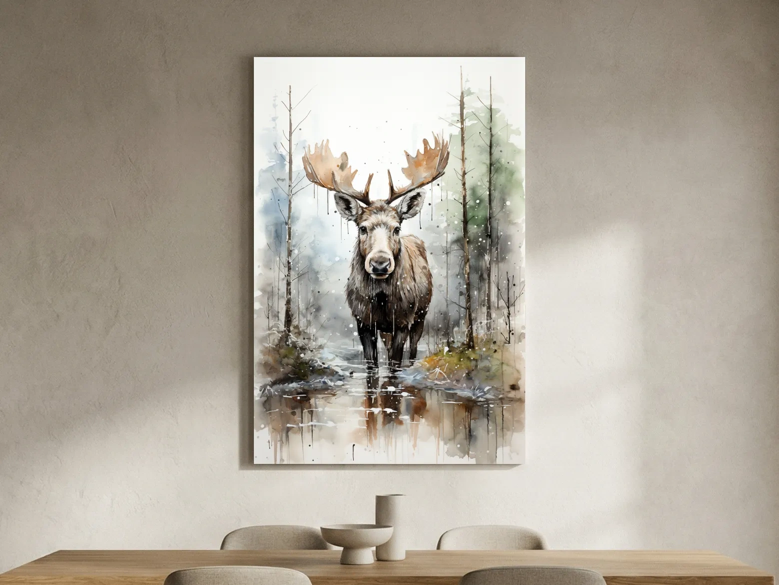 Watercolor Moose In Misty Forest - Rustic Woodland Wildlife Painting Wall Art