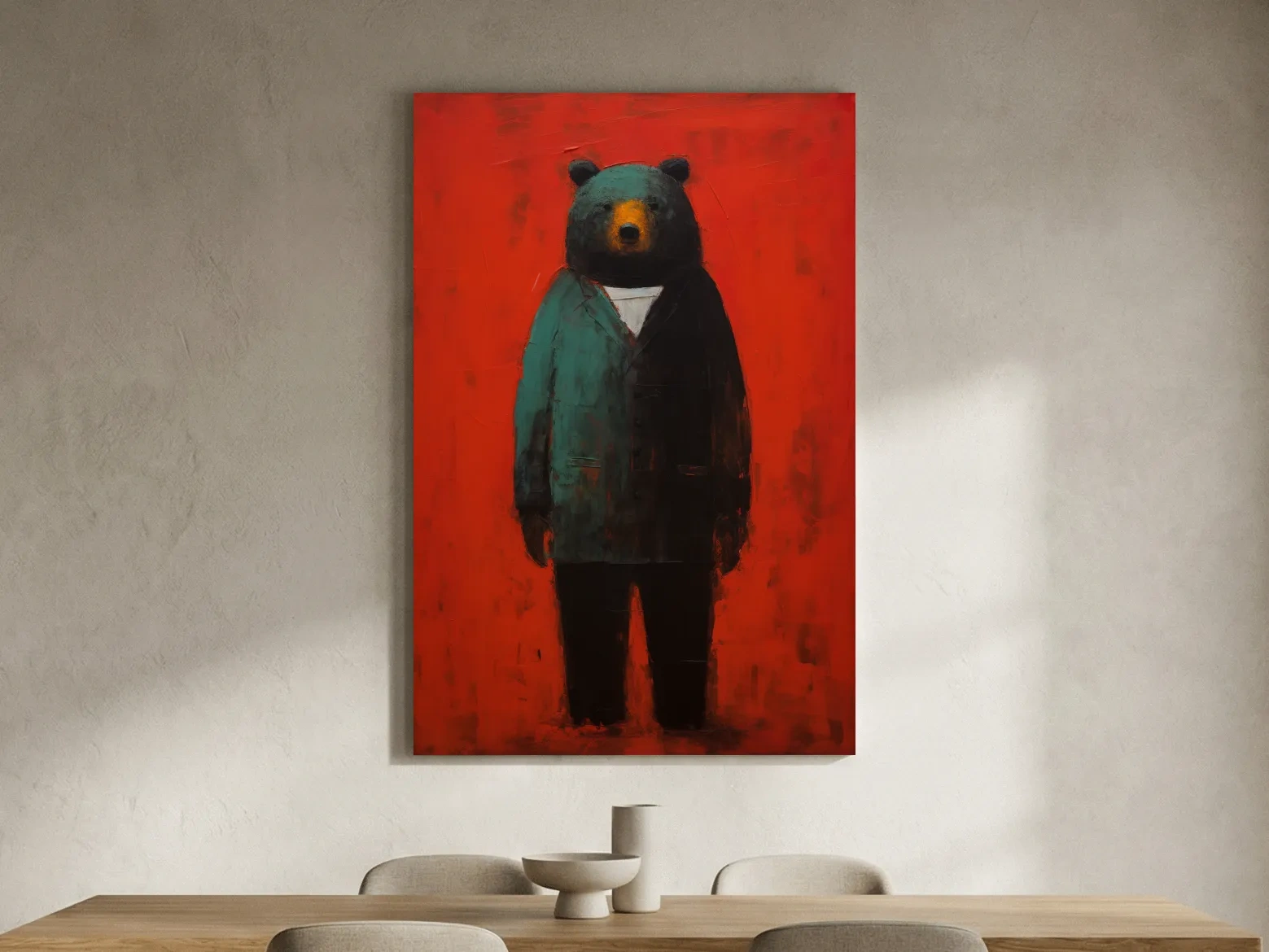 Moody Bear Wearing Suit Portrait Painting - Expressive Wildlife Wall Art