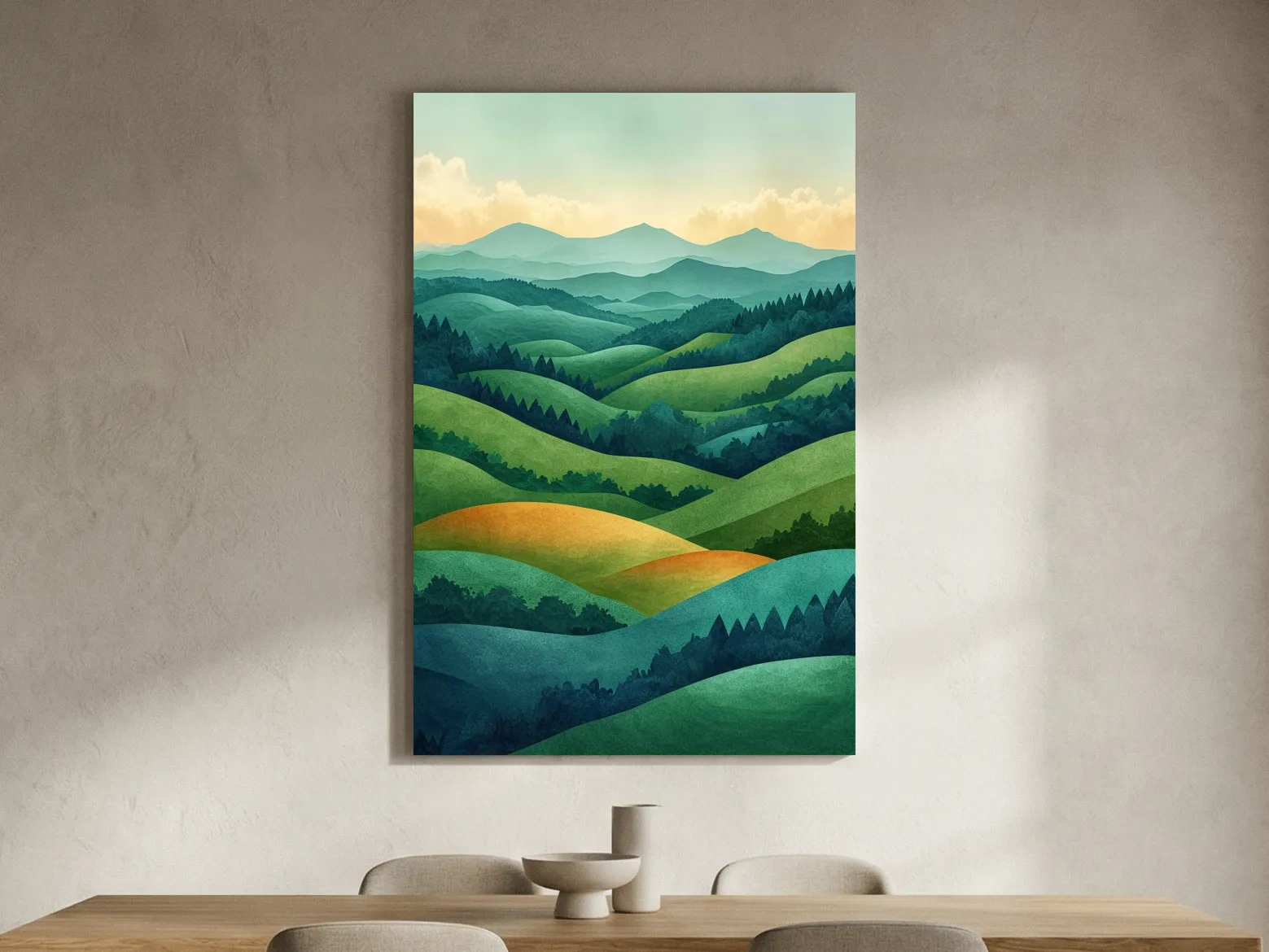 Layered Emerald Rolling Hills Landscape - Serene Scandinavian Nature Wall Art