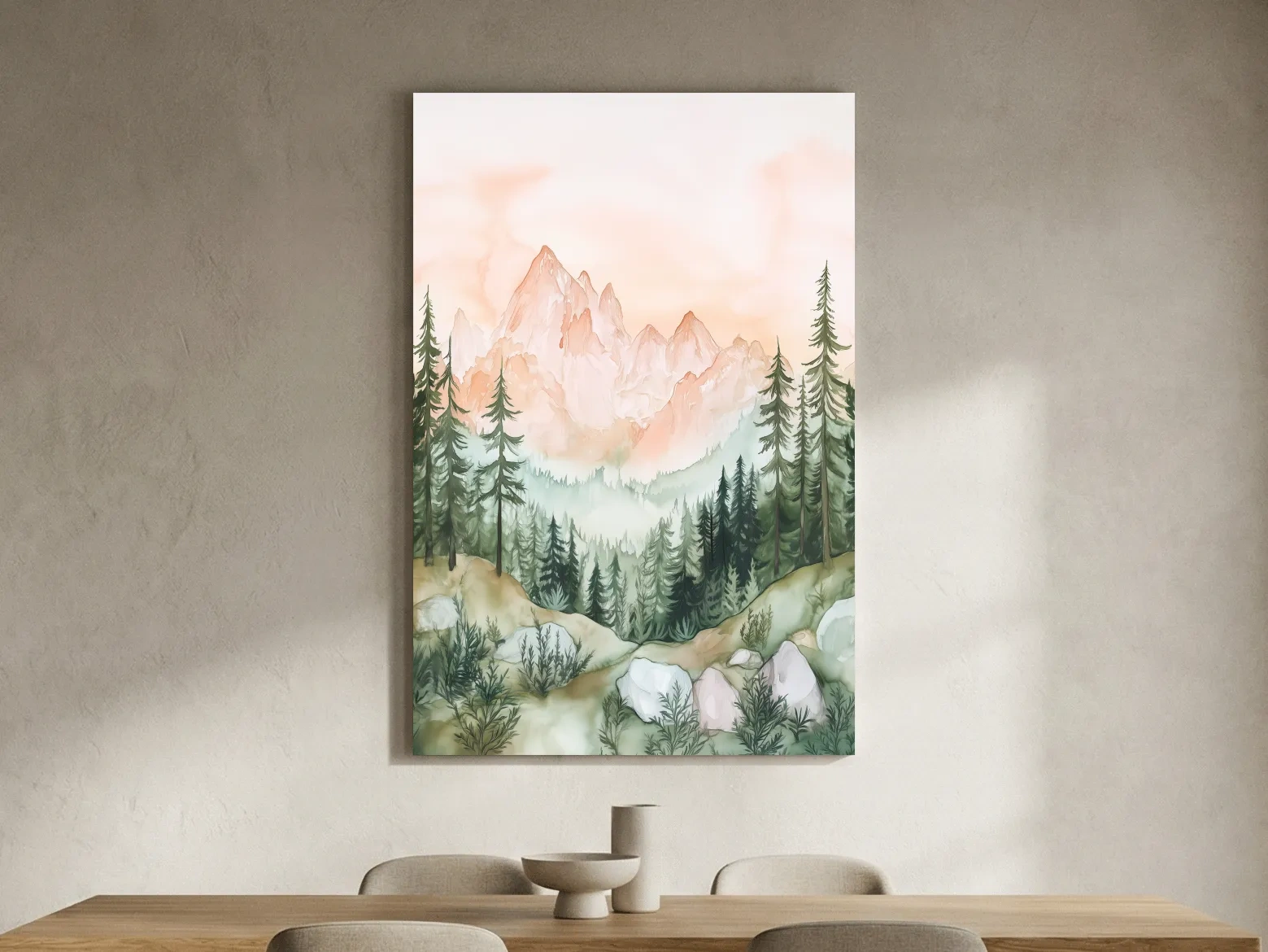Pastel Watercolor Mountain Peaks & Pine Forest - Serene Alpine Landscape Artwork
