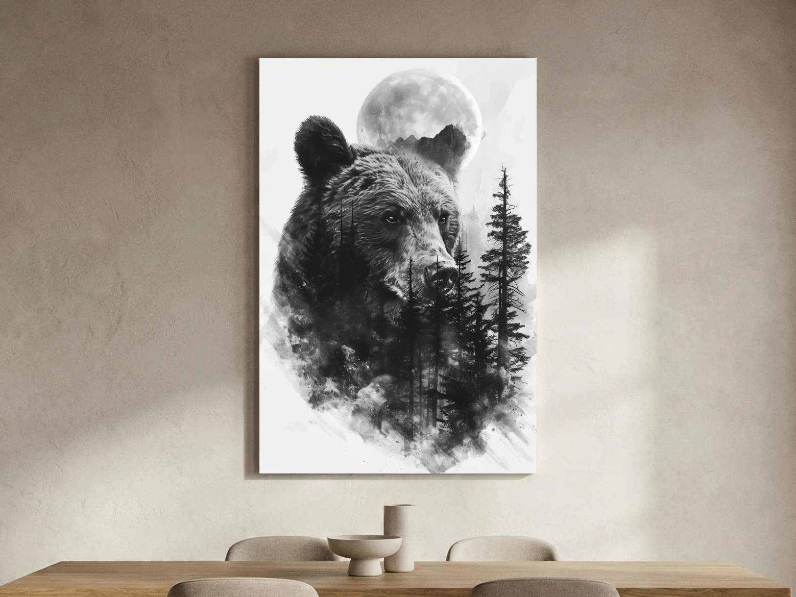 Grizzly Bear Moon Forest Drawing - Black And White Double Exposure Wildlife Wall Art