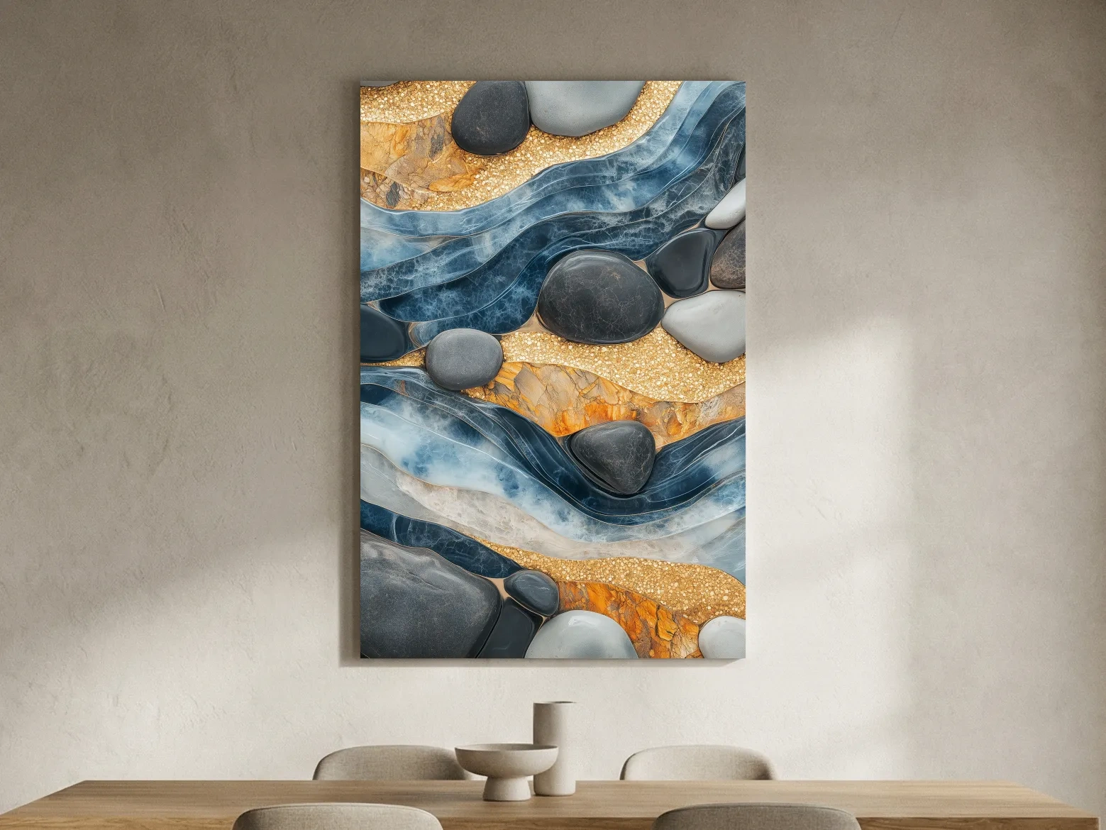 Abstract Blue River Stone Mosaic - Modern Pebble Texture Wall Art