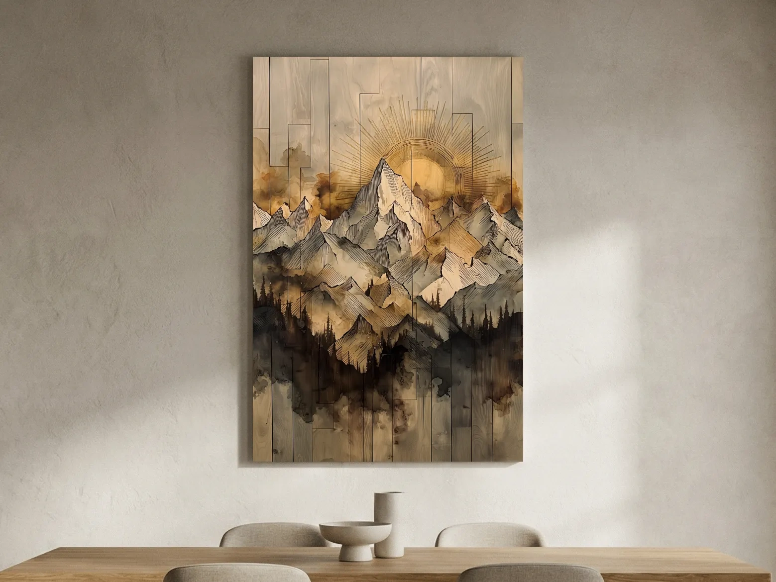 Sunrise Alpine Mountain Range Illustration - Rustic Watercolor Landscape Wall Art