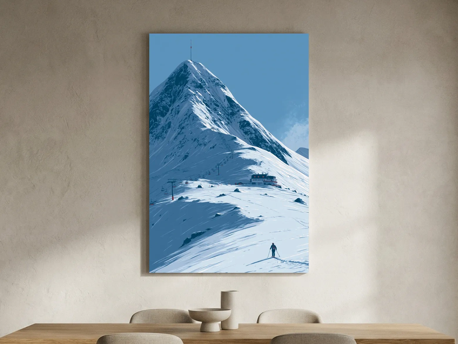 Alpine Mountain Skier Artwork - Minimalist Winter Landscape Wall Art