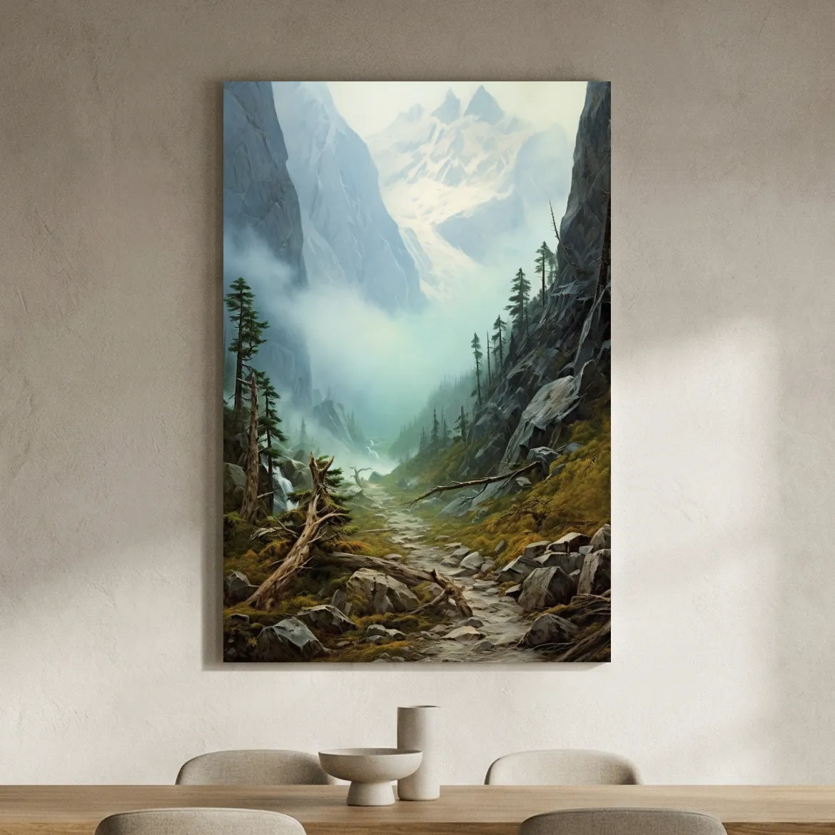 Misty Alpine Mountain Valley Painting - Foggy Pine Forest Wall Art