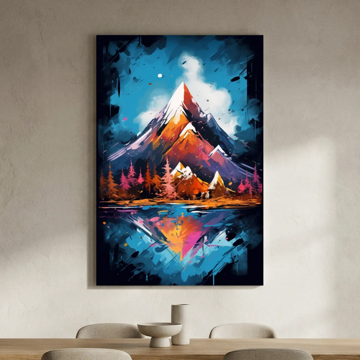 Vibrant Abstract Alpine Lake Painting - Colorful Mountain Forest Wall Art