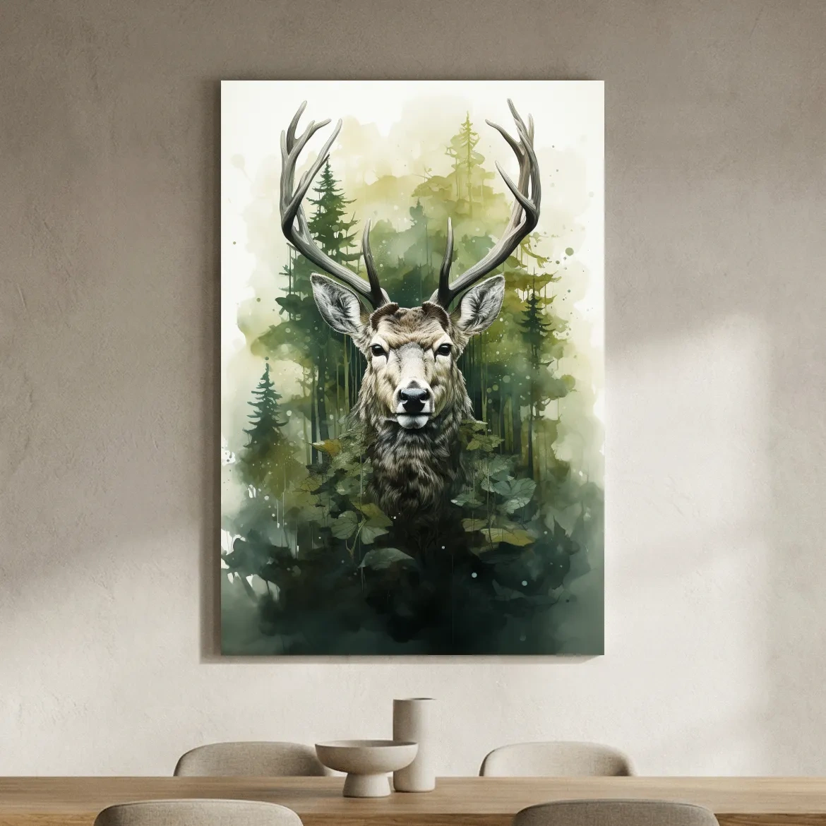Watercolor Deer Portrait In Misty Pine Forest - Woodland Wildlife Wall Art