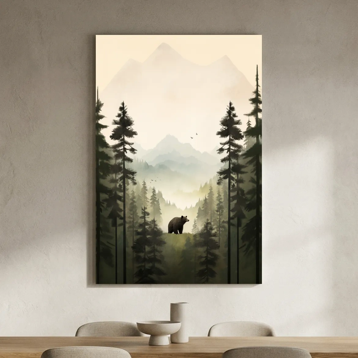Misty Pine Forest Bear Illustration - Minimalist Wildlife Wall Art