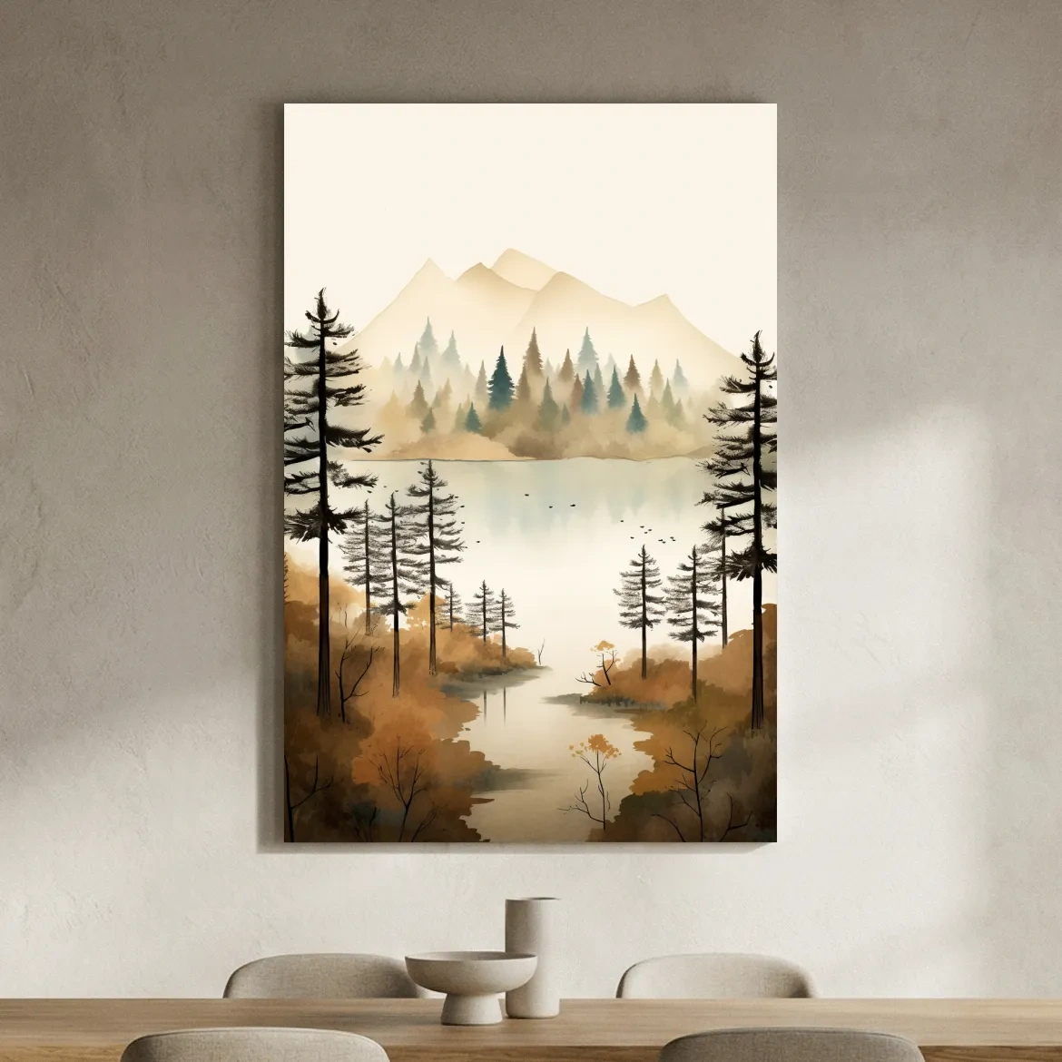 Misty Watercolor Mountain Lake Forest - Serene Alpine Wall Art